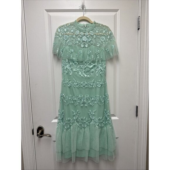 Mac Duggal Size 8 Mint Green A35147 Embroidered Midi A-Line Cocktail Dress New - Picture 4 of 12